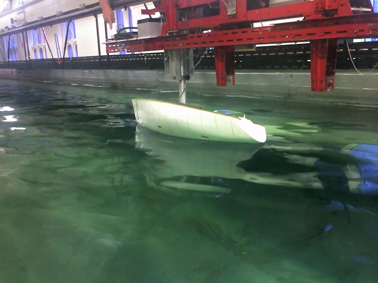 A model ship hull in the towing tank at Newcastle University