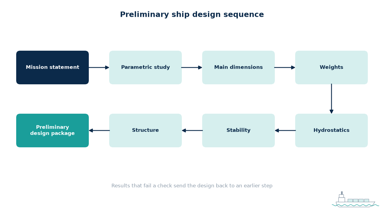 Ship design sequence from mission statement to preliminary design package