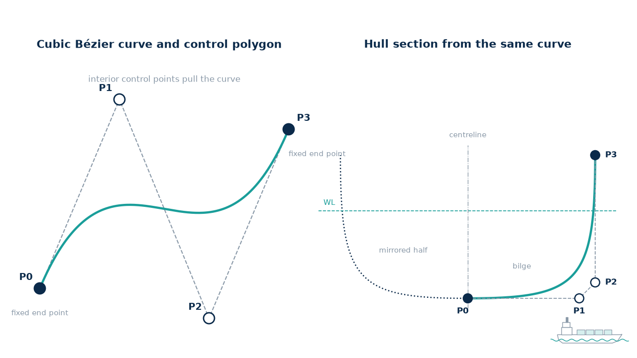 Bezier curve and control points used to model a ship hull section