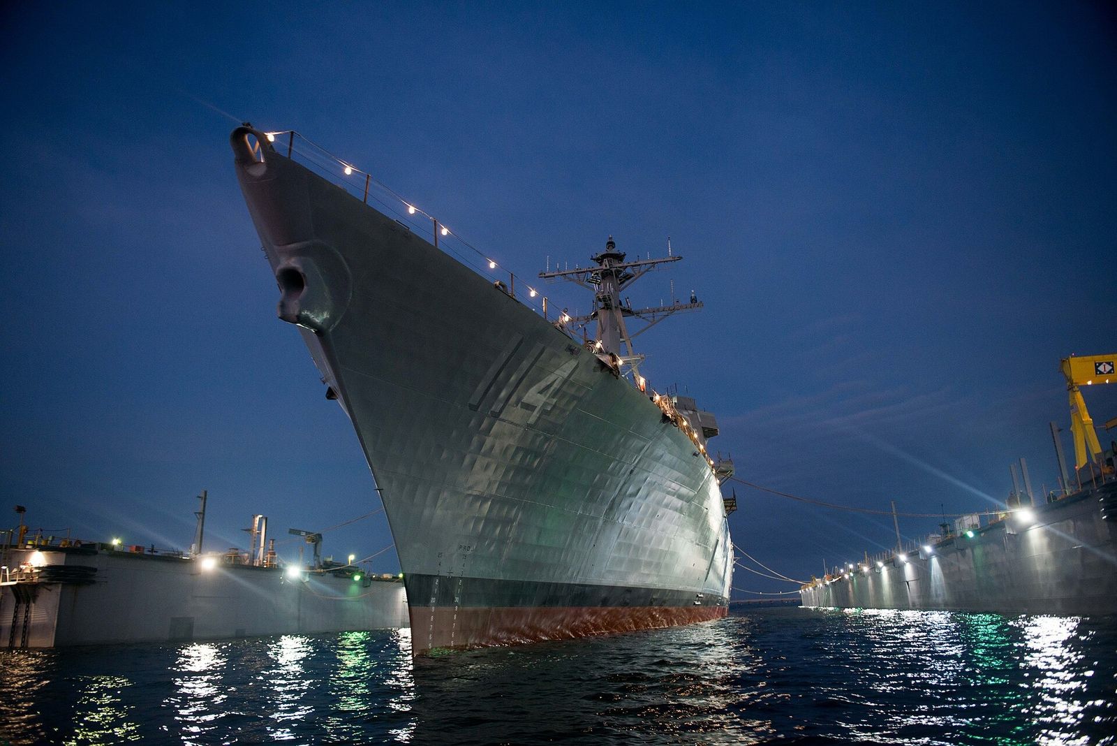 The launch of the future USS Ralph Johnson at Pascagoula, Mississippi, 2015