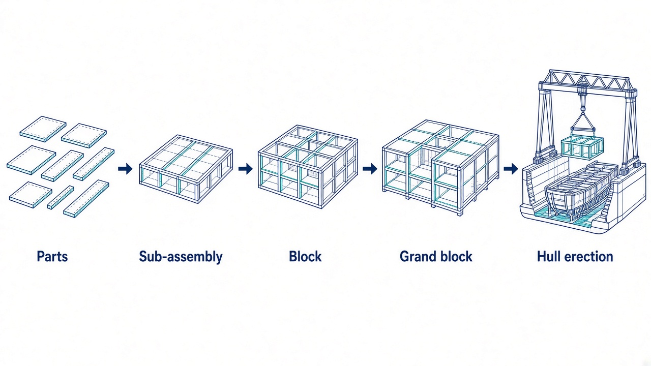 Ship block construction showing construction levels from parts to hull erection