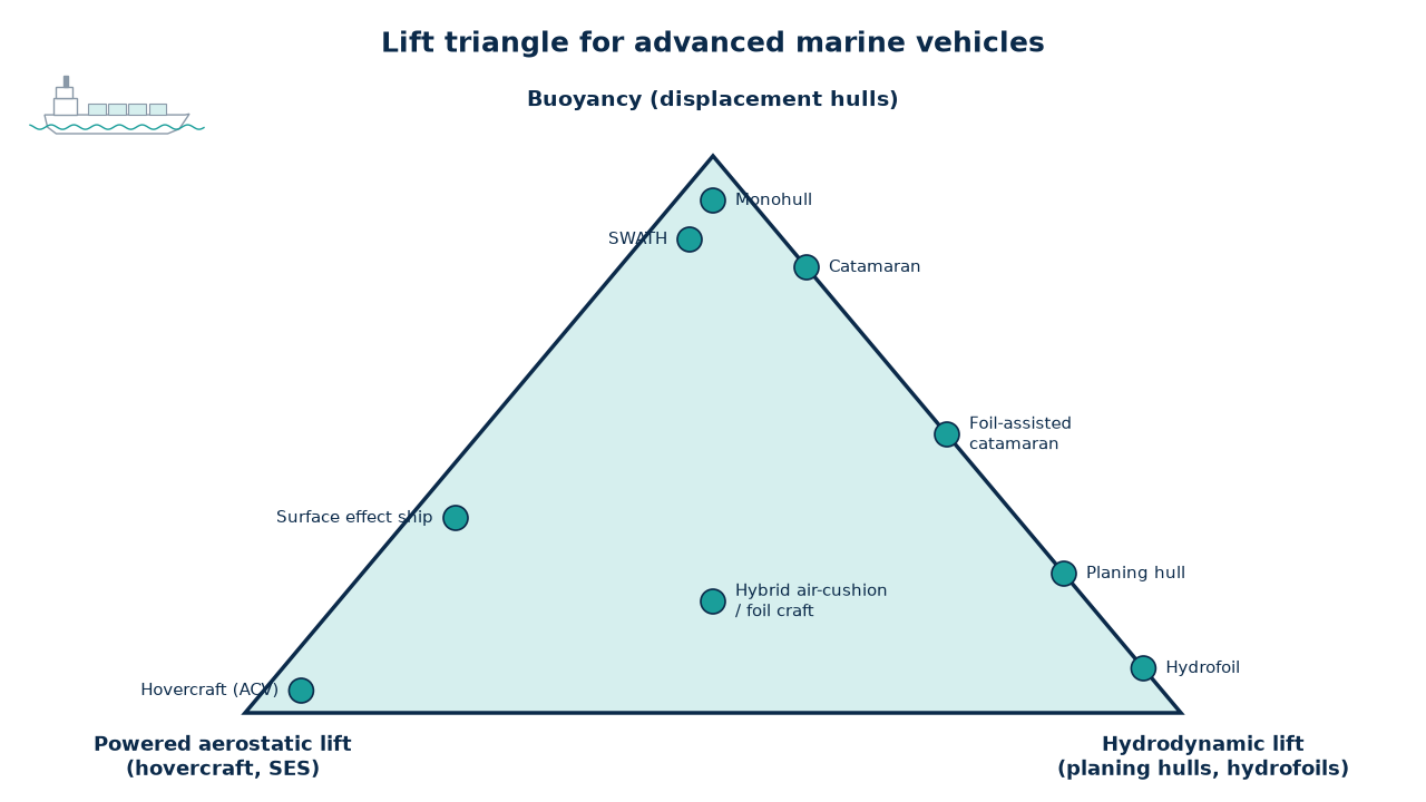 Lift triangle classifying advanced marine vehicles by buoyancy, hydrodynamic lift and powered lift