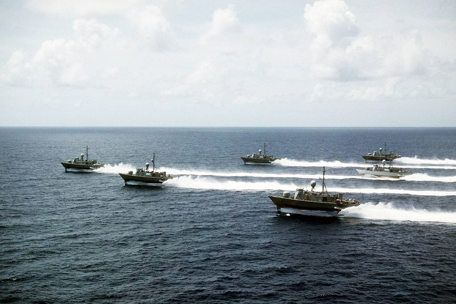 Six Pegasus-class hydrofoils under way in formation