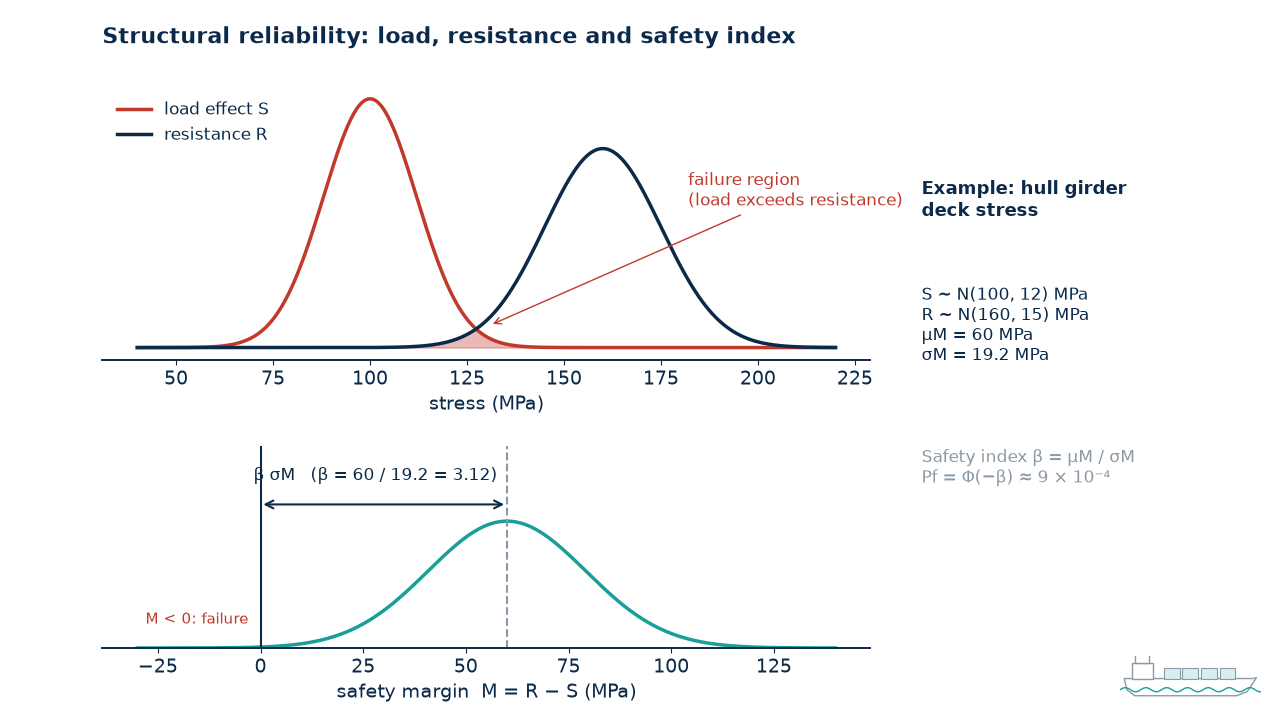 Structural reliability diagram showing load and resistance distributions, failure region and safety index