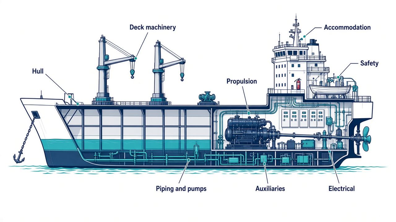 Ship cutaway labelling propulsion, auxiliary, electrical, deck, accommodation and safety systems