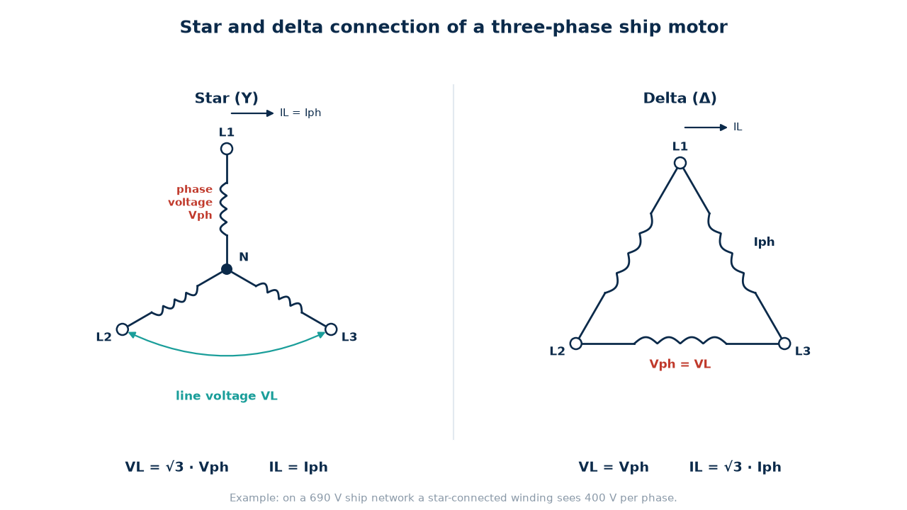 Star and delta three-phase connections with line and phase voltages and currents