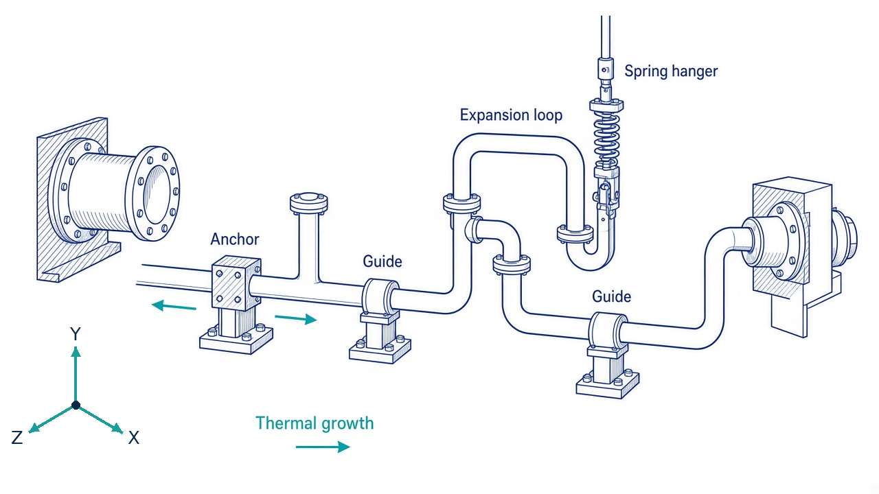 Isometric piping layout with coordinate axes, anchors, guides, spring hanger and expansion loop