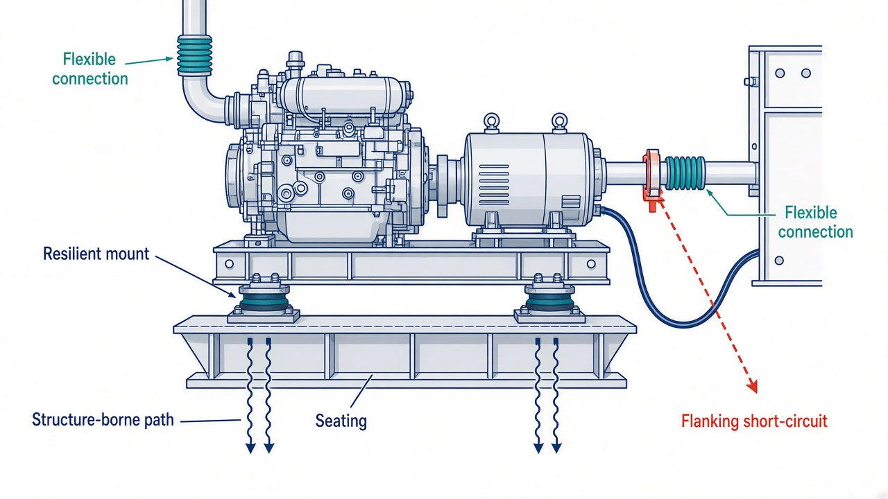 Resilient machinery mounting with flanking paths and short-circuits that bypass isolation