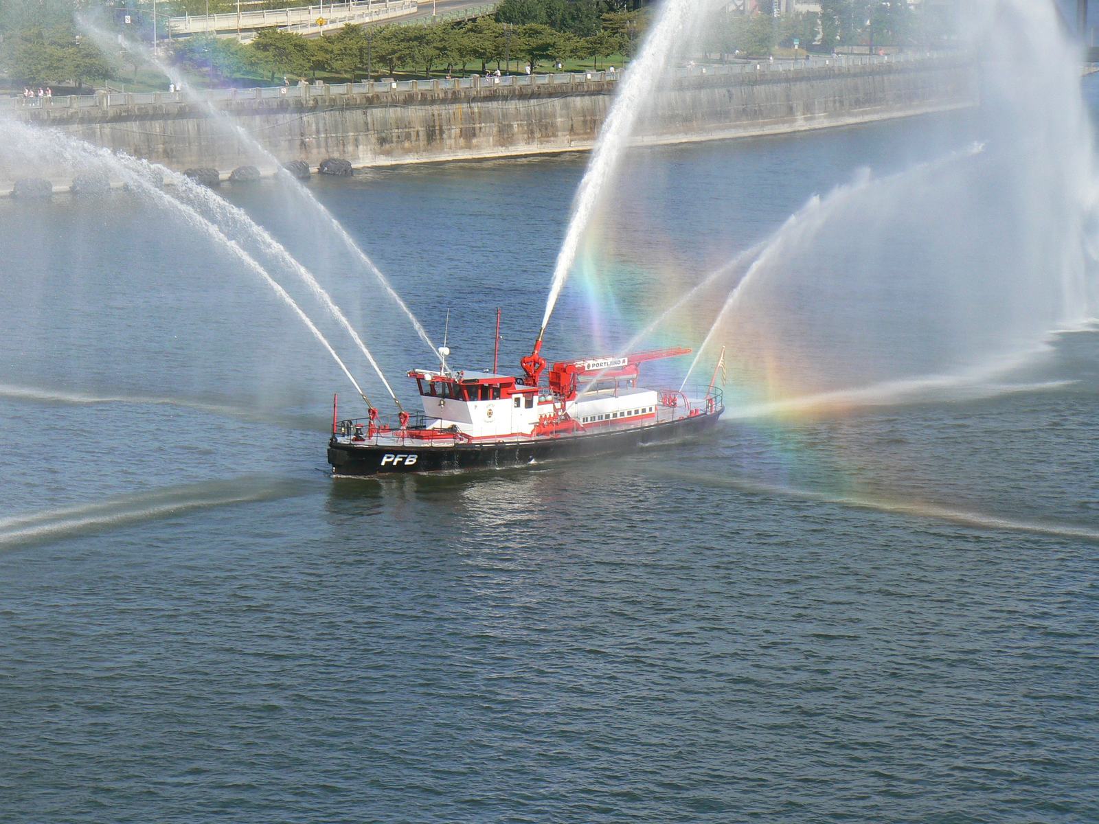 A Chicago Fire Department fireboat gives a water salute, 2017