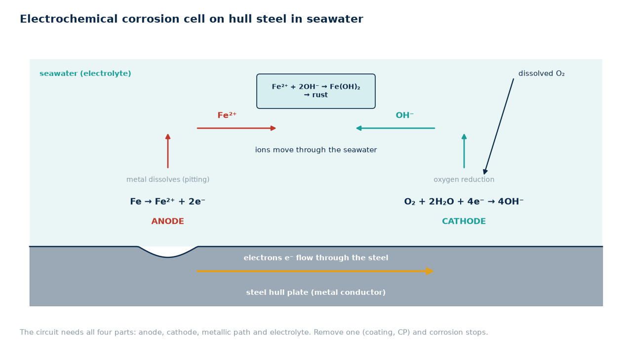 Electrochemical corrosion cell on steel in seawater
