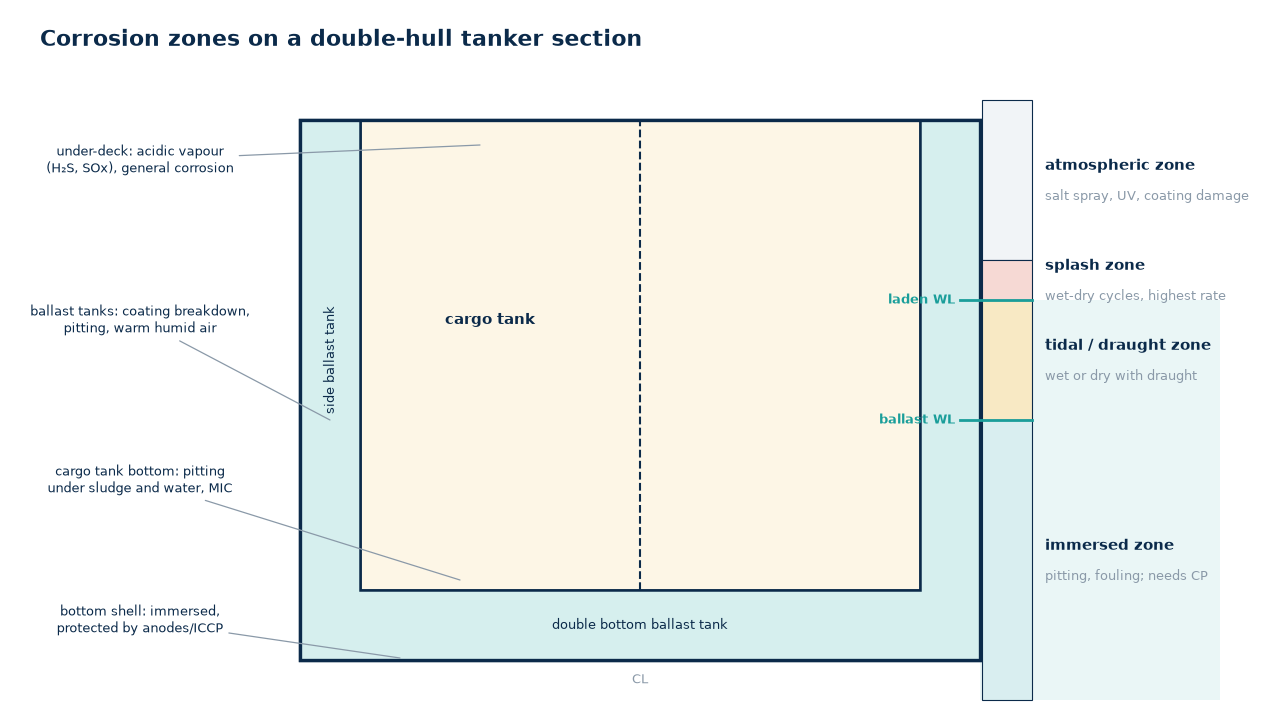 Shipboard corrosion zones on hull, ballast and cargo tanks