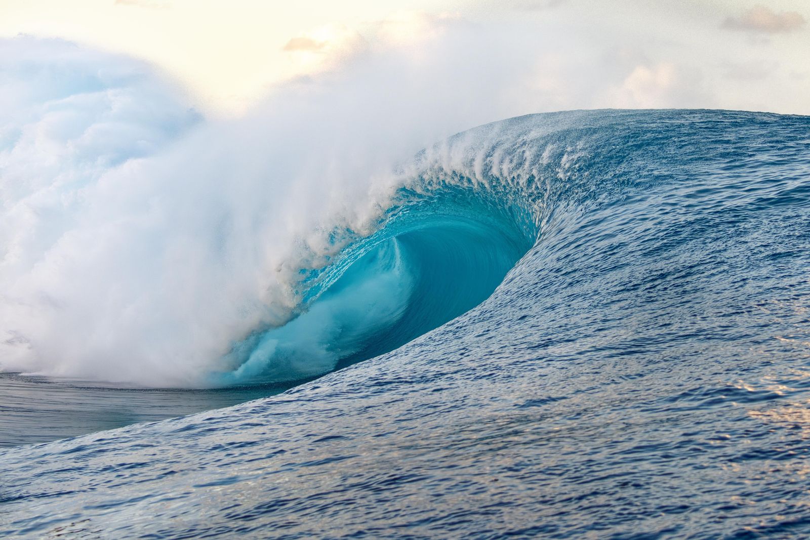 The Teahupoo wave, Tahiti, as the swell breaks on the coral reef