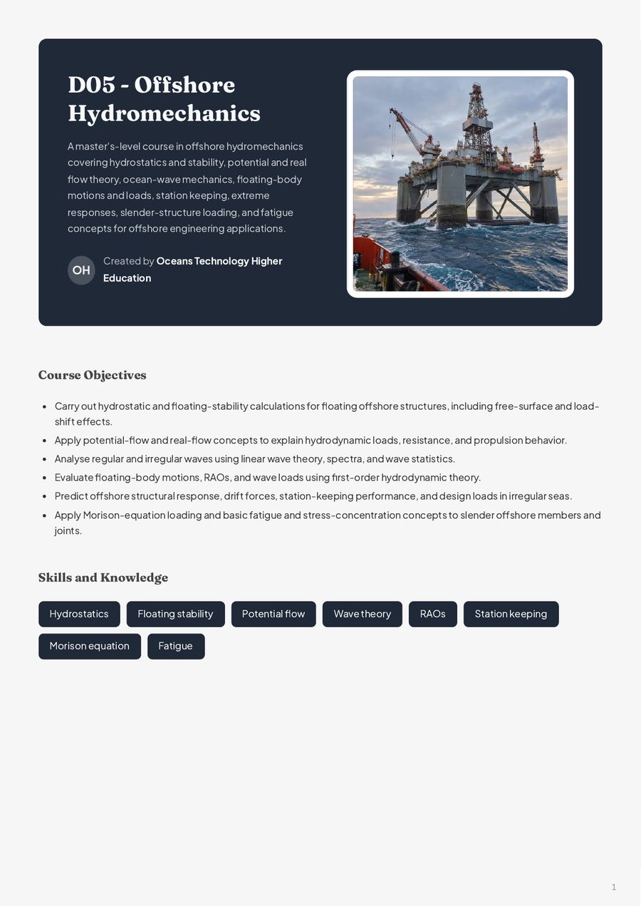Inside the D05 Offshore Hydromechanics course book
