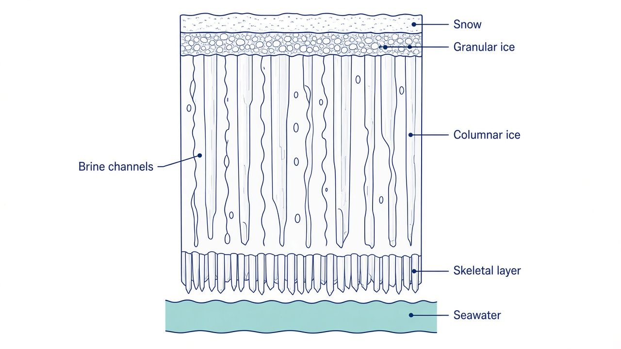 Sea ice substructure with granular and columnar layers and brine channels