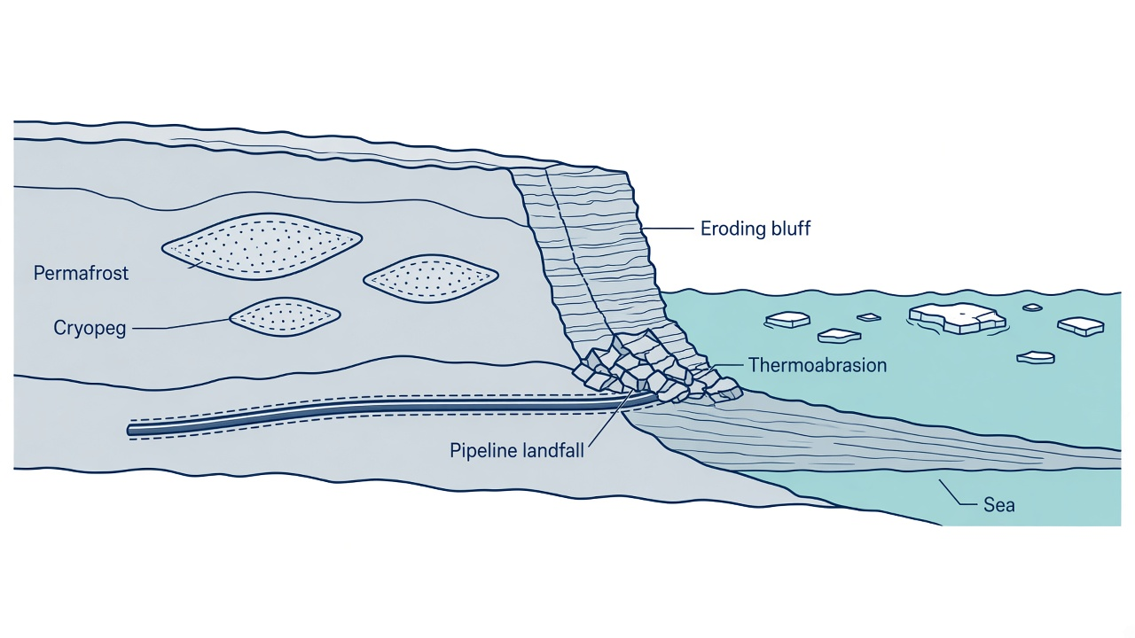 Arctic coastal transition zone with permafrost, cryopegs and pipeline landfall