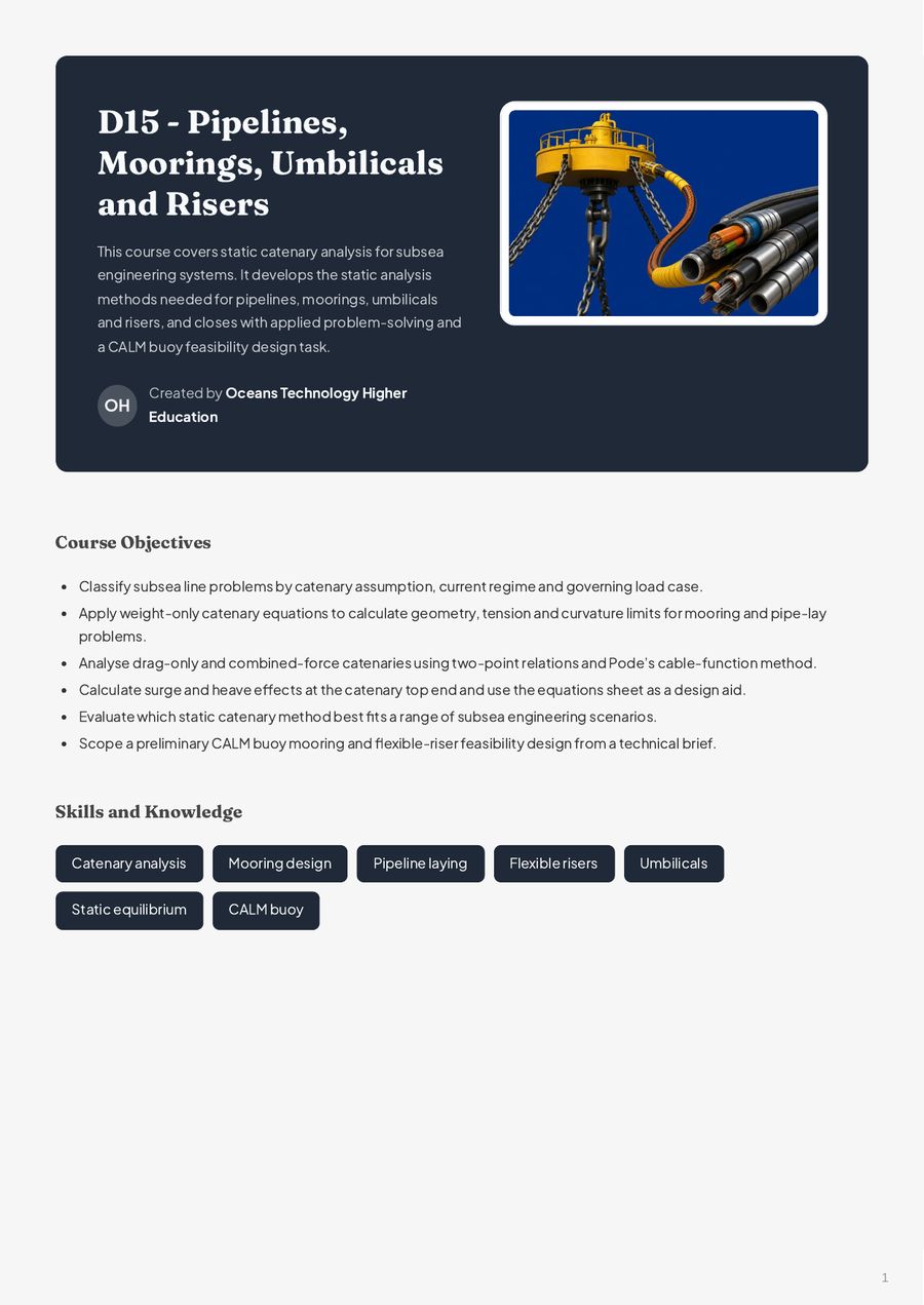 Inside the D15 Pipelines, Moorings, Umbilicals and Risers course book