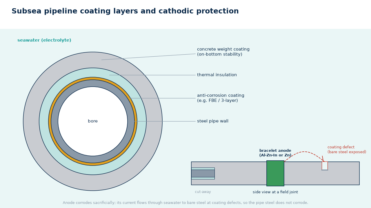 Subsea pipeline coating layers and cathodic protection