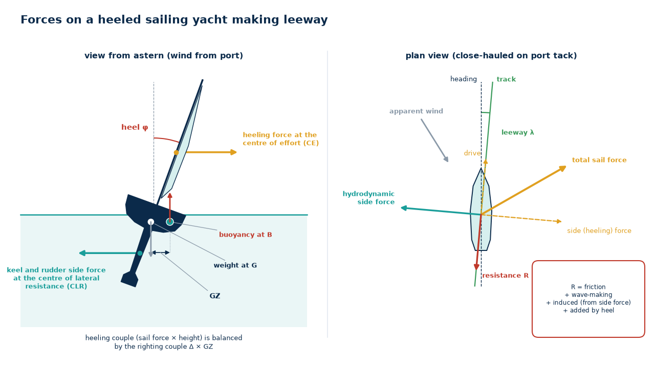 Forces on a heeled sailing yacht with leeway