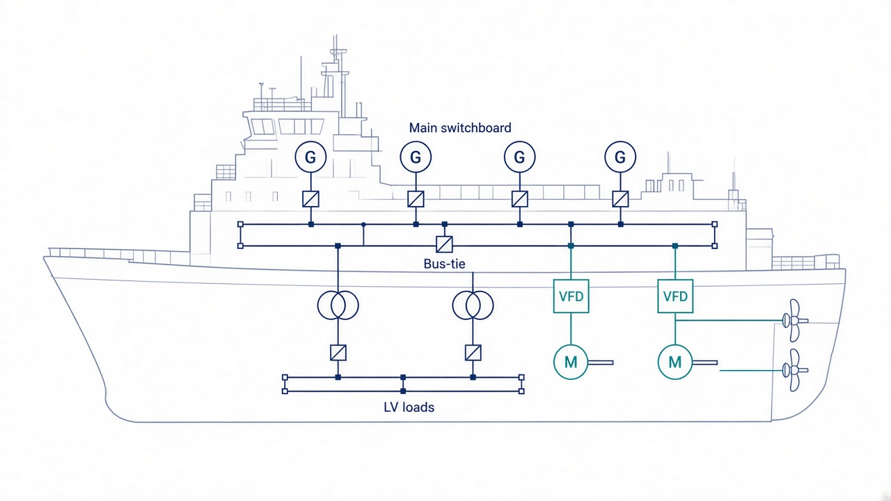 Single-line diagram of a marine electrical power system