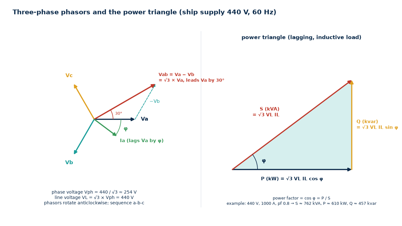 Three-phase phasors and the power triangle