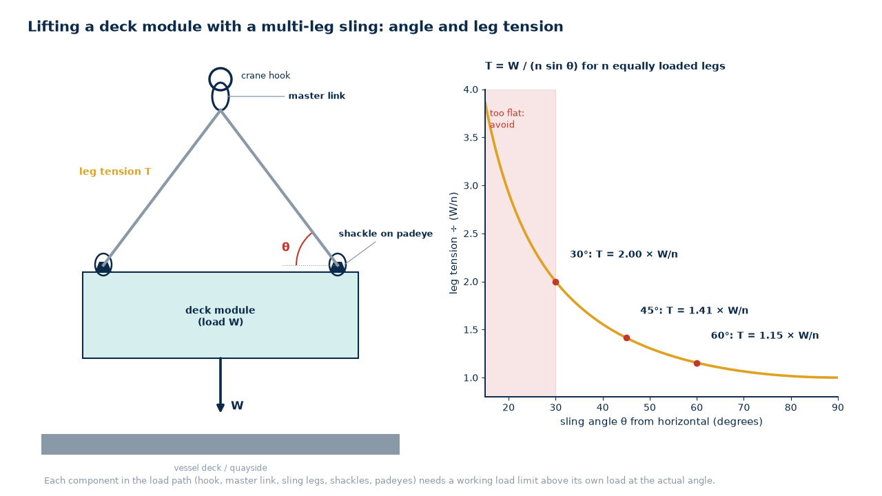 Rigging load path and sling angle effects in a marine lift