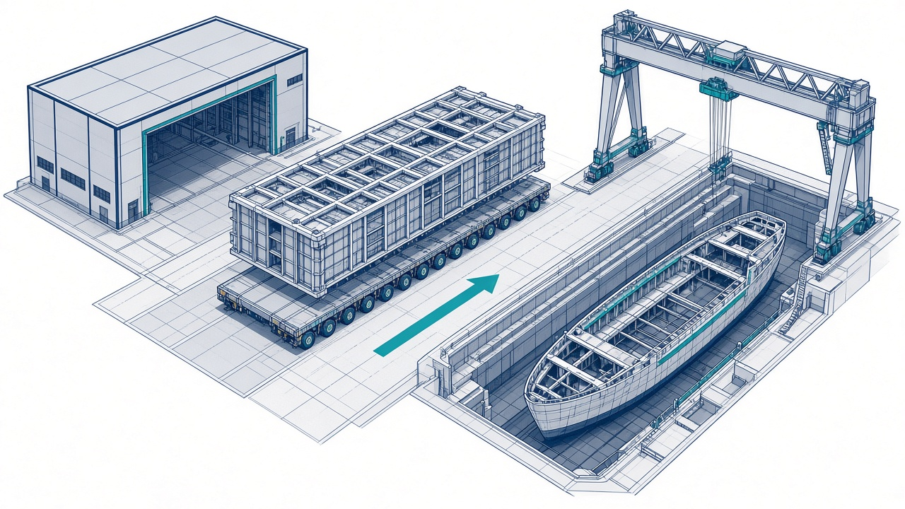 Heavy transport of a ship module in the yard